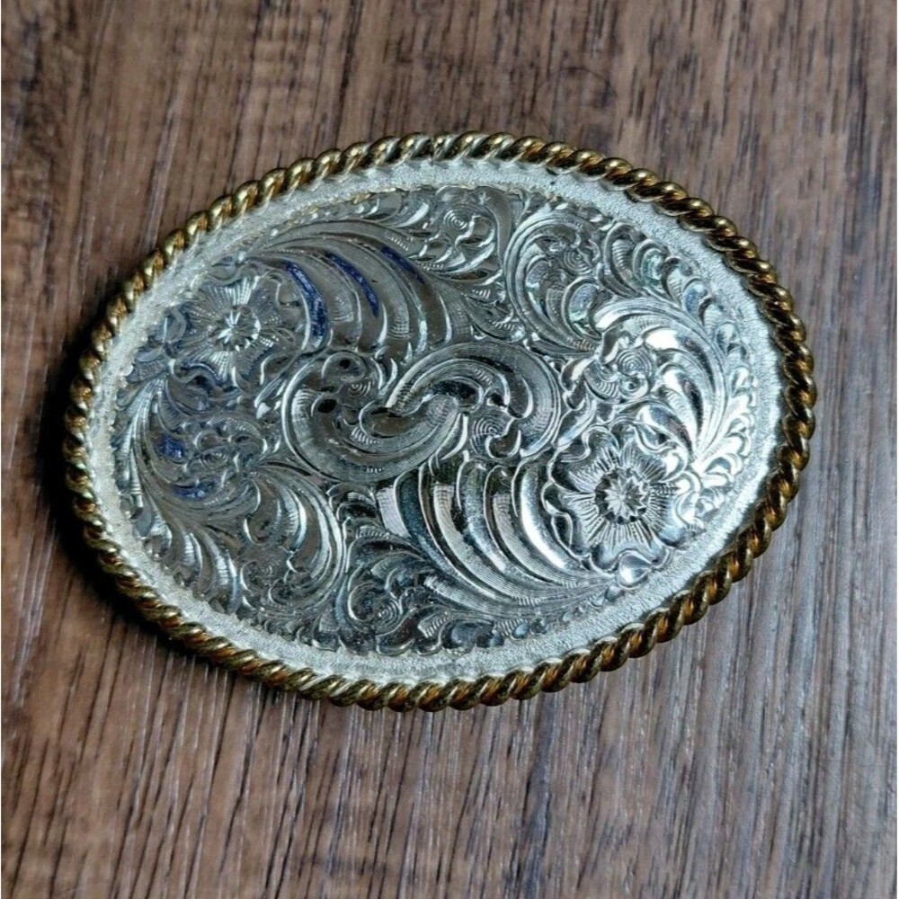 Crumrine Heavy Silver Plate On Jewelers Bronze Western Belt Buckle Vintage